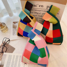 Load image into Gallery viewer, Handmade Knit Handbag Women Mini Knot Wrist Bag Japanese Casual Color Wide Stripe Plaid Tote Bag Student Reusable Shopping Bags
