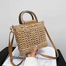 Load image into Gallery viewer, JIOMAY Straw Bags Summer 2023 Women Tote Bags Designer Handbags PurseS Weave Drawstring Closure Wooden Handle Beach Shoulder Bag
