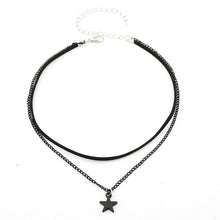Load image into Gallery viewer, Ladies Womens Two-Rows Black Choker Necklace with Black Chain and Pentagram Star Charm Pendant Multilayer Collar Necklace
