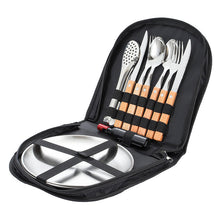 Load image into Gallery viewer, Outdoor Camping Double Western Dinner Set Stainless Steel Wooden Handle Knife, Fork and Spoon Steak Tong Bottle Opener
