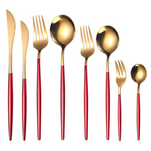 Load image into Gallery viewer, Stainless Steel Dessert Knife Fork and Spoon 8-Piece Set Portuguese Tableware Golden Set Creative Western Food Steak Knife Fruit Fork
