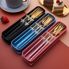 Load image into Gallery viewer, Stainless Steel Convenient Tableware Chopsticks Spoon Kit Portuguese Tableware Three-Piece Set Gift for Students
