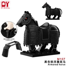 Load image into Gallery viewer, DY medieval series gold black heavy armor horse mount model children's small particle assembled building block toy
