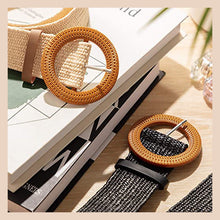 Load image into Gallery viewer, Straw Woven Elastic Stretch Belt Tight Dress Wood Style Buckle Belt
