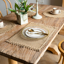 Load image into Gallery viewer, Vintage placemat, jute fringed table mat, round bowl mat, rectangular thermal insulation mat, napkin.
