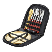 Load image into Gallery viewer, Outdoor Camping Double Western Dinner Set Stainless Steel Wooden Handle Knife, Fork and Spoon Steak Tong Bottle Opener
