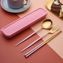 Load image into Gallery viewer, Stainless Steel Convenient Tableware Chopsticks Spoon Kit Portuguese Tableware Three-Piece Set Gift for Students
