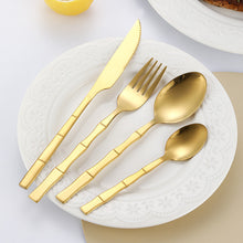 Load image into Gallery viewer, Bamboo Handle Stainless Steel Western Food Knife and Fork Dessert Spoon Set
