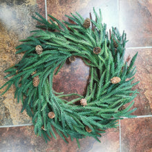 Load image into Gallery viewer, Artificial Christmas decoration wreath with pine cones, simulated feel soft glue pine cypress red fruit Norfolk pine needle wreath
