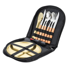 Load image into Gallery viewer, Outdoor Camping Double Western Dinner Set Stainless Steel Wooden Handle Knife, Fork and Spoon Steak Tong Bottle Opener

