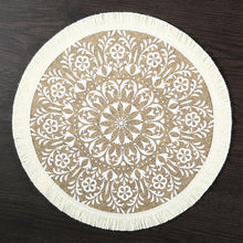 Load image into Gallery viewer, Round simple style natural color, evening placemat table mat coaster Japanese style, environmentally friendly fringed jute placemat
