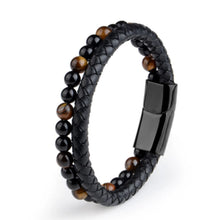 Load image into Gallery viewer, Volcanic Natural Stone Agate Tiger Eye Bracelet Stainless Steel Beaded Leather Rope Men's and Women's Bracelet

