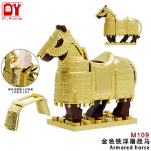 Load image into Gallery viewer, DY medieval series gold black heavy armor horse mount model children's small particle assembled building block toy
