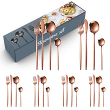 Load image into Gallery viewer, Stainless Steel Knife and Forks Four-Piece Spray Paint Portuguese Tableware 24 Pieces Golden Set Creative Western Food Steak Knife, Fork and Spoon
