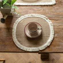 Load image into Gallery viewer, Vintage placemat, jute fringed table mat, round bowl mat, rectangular thermal insulation mat, napkin.

