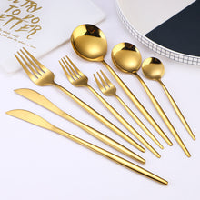 Load image into Gallery viewer, Stainless Steel Dessert Knife Fork and Spoon 8-Piece Set Portuguese Tableware Golden Set Creative Western Food Steak Knife Fruit Fork
