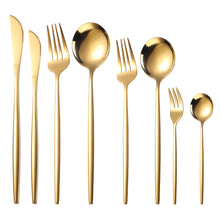 Load image into Gallery viewer, Stainless Steel Dessert Knife Fork and Spoon 8-Piece Set Portuguese Tableware Golden Set Creative Western Food Steak Knife Fruit Fork
