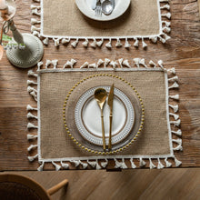 Load image into Gallery viewer, Vintage placemat, jute fringed table mat, round bowl mat, rectangular thermal insulation mat, napkin.
