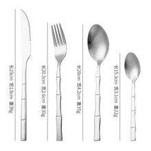 Load image into Gallery viewer, Bamboo Handle Stainless Steel Western Food Knife and Fork Dessert Spoon Set
