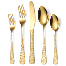 Load image into Gallery viewer, Tableware Snake Skin Hammer Handle Five-Piece Set Creative Western Food Steak Knife, Fork and Spoon Gold Stainless Steel Knife and Forks

