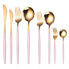 Load image into Gallery viewer, Stainless Steel Dessert Knife Fork and Spoon 8-Piece Set Portuguese Tableware Golden Set Creative Western Food Steak Knife Fruit Fork
