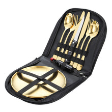 Load image into Gallery viewer, Outdoor Camping Double Western Dinner Set Stainless Steel Wooden Handle Knife, Fork and Spoon Steak Tong Bottle Opener
