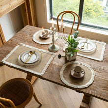 Load image into Gallery viewer, Vintage placemat, jute fringed table mat, round bowl mat, rectangular thermal insulation mat, napkin.
