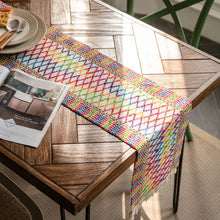 Load image into Gallery viewer, Cotton and Linen Table Runner Striped Stitching Two-Color Woven Tassel Natural Material American Tablecloth
