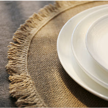 Load image into Gallery viewer, Round simple style natural color, evening placemat table mat coaster Japanese style, environmentally friendly fringed jute placemat
