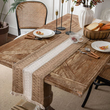 Load image into Gallery viewer, Cotton and Linen Table Runner Striped Stitching Two-Color Woven Tassel Natural Material American Tablecloth
