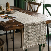 Load image into Gallery viewer, Cotton and Linen Table Runner Striped Stitching Two-Color Woven Tassel Natural Material American Tablecloth
