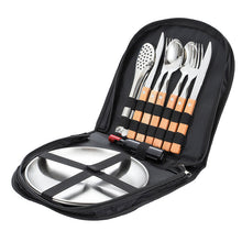Load image into Gallery viewer, Outdoor Camping Double Western Dinner Set Stainless Steel Wooden Handle Knife, Fork and Spoon Steak Tong Bottle Opener
