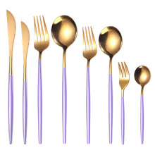 Load image into Gallery viewer, Stainless Steel Dessert Knife Fork and Spoon 8-Piece Set Portuguese Tableware Golden Set Creative Western Food Steak Knife Fruit Fork
