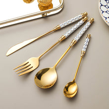 Load image into Gallery viewer, Stainless Steel Gold Titanium-Plated Porcelain Handle Maze Tableware Western Food/Steak Knife, Fork and Spoon Coffee Dessert Spoon
