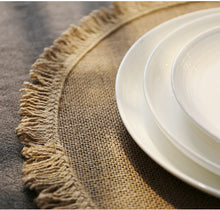 Load image into Gallery viewer, Round simple style natural color, evening placemat table mat coaster Japanese style, environmentally friendly fringed jute placemat
