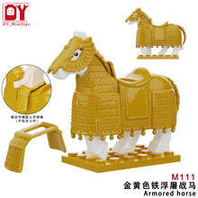 Load image into Gallery viewer, DY medieval series gold black heavy armor horse mount model children's small particle assembled building block toy
