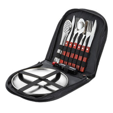 Load image into Gallery viewer, Outdoor Camping Double Western Dinner Set Stainless Steel Wooden Handle Knife, Fork and Spoon Steak Tong Bottle Opener
