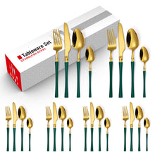 Load image into Gallery viewer, Stainless Steel Knife and Forks Four-Piece Spray Paint Small Waist Tableware 24 Pieces Golden Set Creative Western Food Steak Knife, Fork and Spoon
