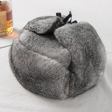 Load image into Gallery viewer, Rabbit Fur Cap Man Winter Genuine 100% Fur Bomber Hat Windproof Warm Earmuffs Male Flat Grey/Black Russian Hat Fitted Casquette
