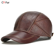 Load image into Gallery viewer, New Style Casual Real Leather Earflap Cap Men Real Cowhide Leather Caps Male Fall Winter Genuine Real Cow Leather Baseball Hats
