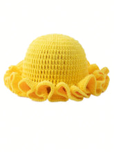 Load image into Gallery viewer, Solid Color Hand Knitted Knit Hat in Bohemian Style with Hollowed Out and Ruffled Design Bucket Shaped Hat  Fisherman's Hat
