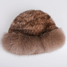 Load image into Gallery viewer, Luxury Women's Winter Hat Knitted Rabbit Fur Hats with Big Fox Fur Brim Lady Fashion Bucket Cap
