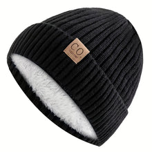 Load image into Gallery viewer, Men's sports knitted hat with CO UZZL 1978 faux leather patch - Navy blue and white striped winter hat
