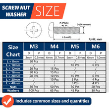 Load image into Gallery viewer, 600Pcs Screws Bolts and Nuts Assortment Kit Metric Machine Screws and Flat Washers M3 M4 M5 M6 Phillips Pan Head Sets - 16 Sizes
