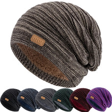 Load image into Gallery viewer, New Style Unisex Slouchy Winter Hats Men Women Striped Mix Warm Beanie Cap NIU Label Decor Plush Fur Lined Winter Knitted Hat
