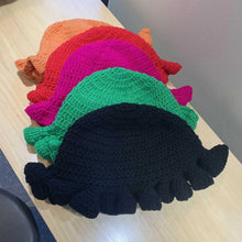 Load image into Gallery viewer, Solid Color Hand Knitted Knit Hat in Bohemian Style with Hollowed Out and Ruffled Design Bucket Shaped Hat  Fisherman's Hat
