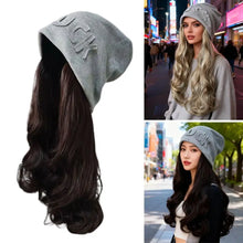 Load image into Gallery viewer, Autumn Winter Beanie Hat with Attached Shoulder Long Wavy Curly Hair Wig for Women Warm Knitted Hat with Fashionable Wig
