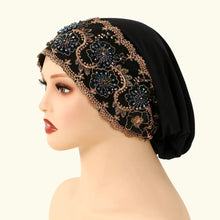 Load image into Gallery viewer, New Luxury Embroidery Turban Cap Women Floral Rhinestone Islamic Headwear Bonnet Lace Modal Female Head Wraps
