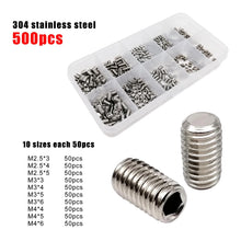Load image into Gallery viewer, 500/1500X M2-M8 DIN913 Black Steel 304 A2 Stainless Steel Hex Hexagon Socket Allen Flat Point Set Screw Grub Bolt Assortment Kit
