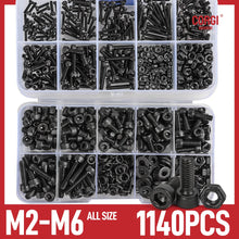 Load image into Gallery viewer, 1140 Black Steel Socket Head Hex Round Cap Screws Set M2 M3 M4 M5 M6 Grade 12.9 DIN912 Allen Bolts Nuts Assortment Kit Tool Box
